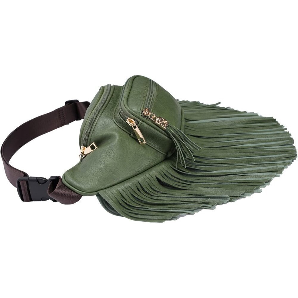 💫 Women Green Fringe Multi Zipper Pockets Trendy Style Casual Wear Waist bag - Picture 2 of 9